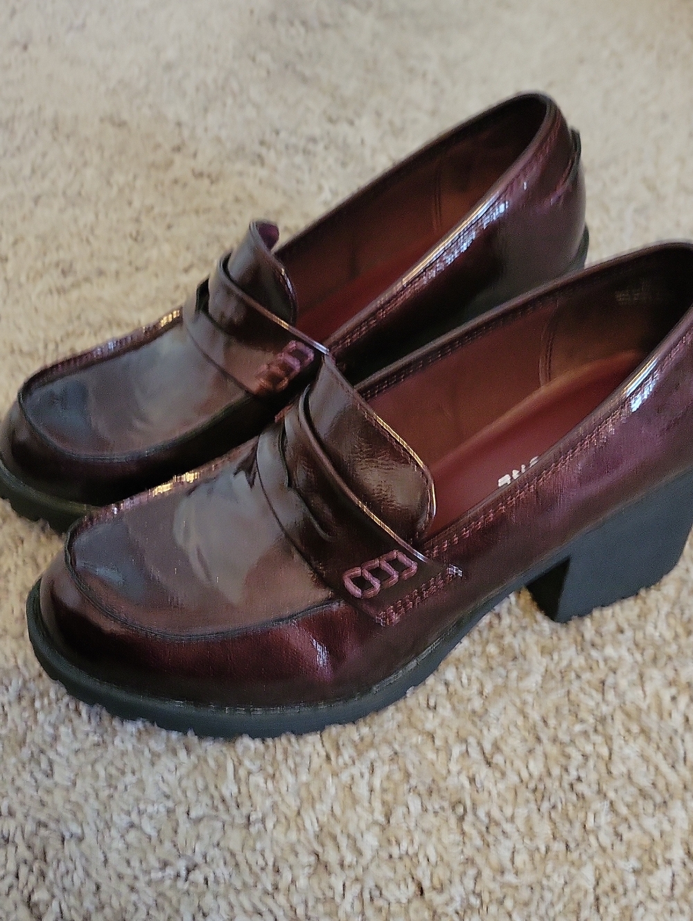 Patent Burgundy Block-Heel Loafers